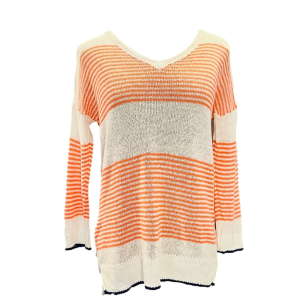 Old Navy Striped Linen Knit Long Sleeved V-neck sweater White/orange/blue Sm